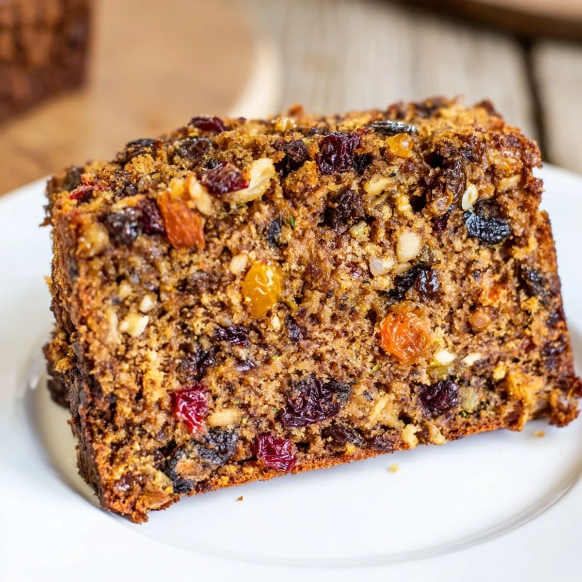 Glistening spiced fruit cake, baked to golden perfection, features sugared candied fruit and nuts.