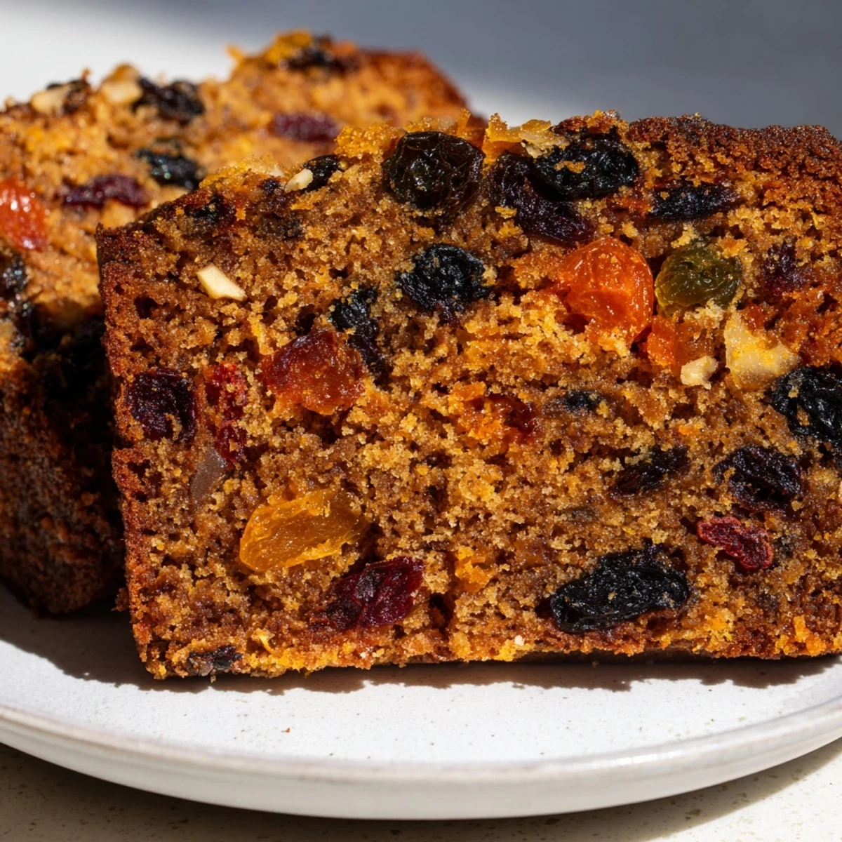 Enjoy a slice of homemade spiced fruit cake; imagine its delicious aroma and tender texture.