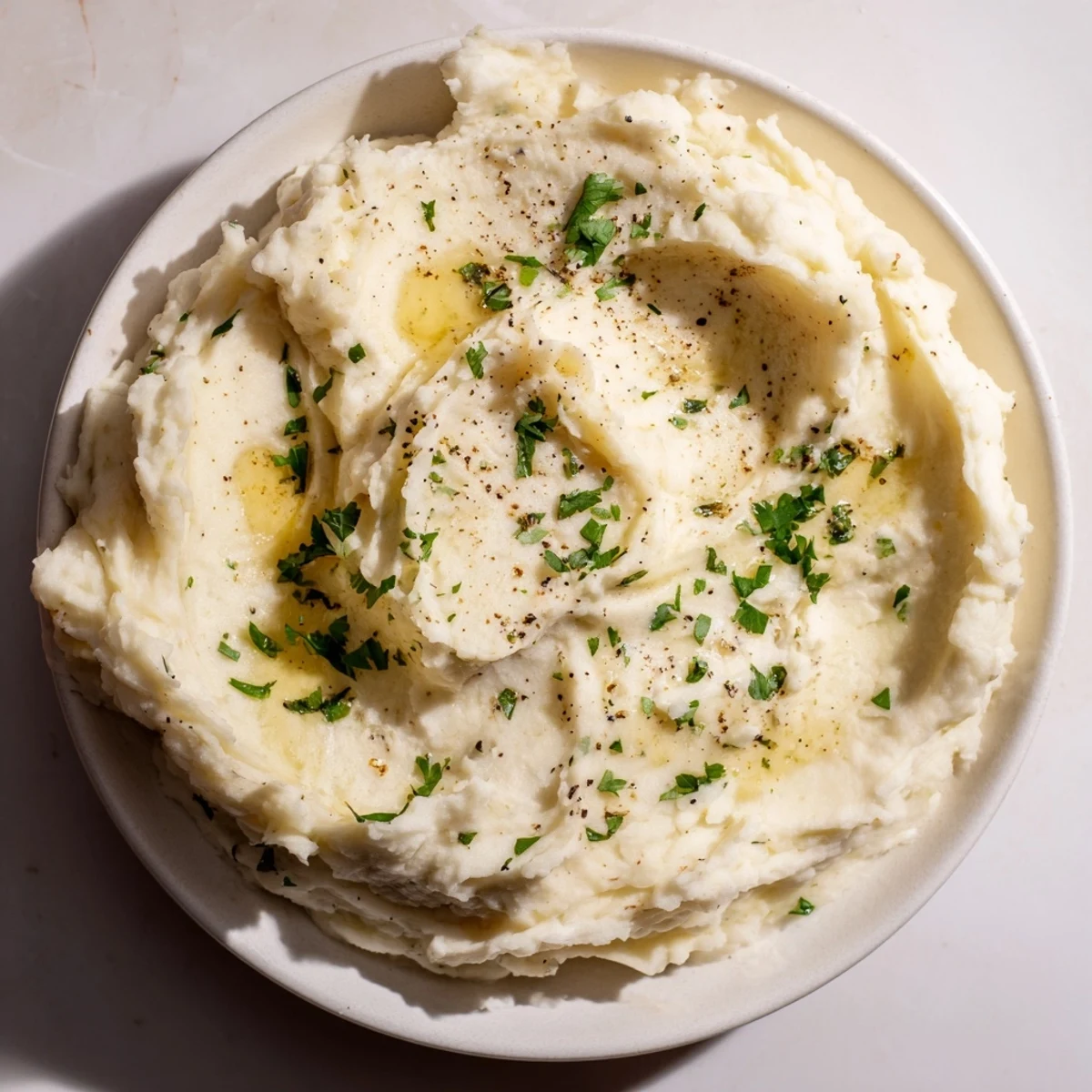 Warm, creamy, homemade Creamy Mashed Potatoes, garnished with fresh herbs for a perfect side.