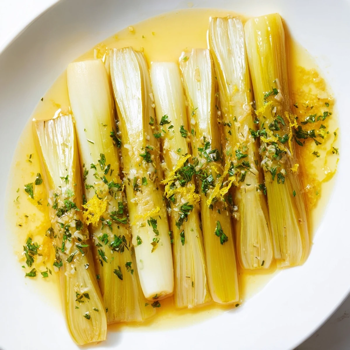Tender braised leeks, glistening from the broth, seasoned with herbs for a savory side dish.