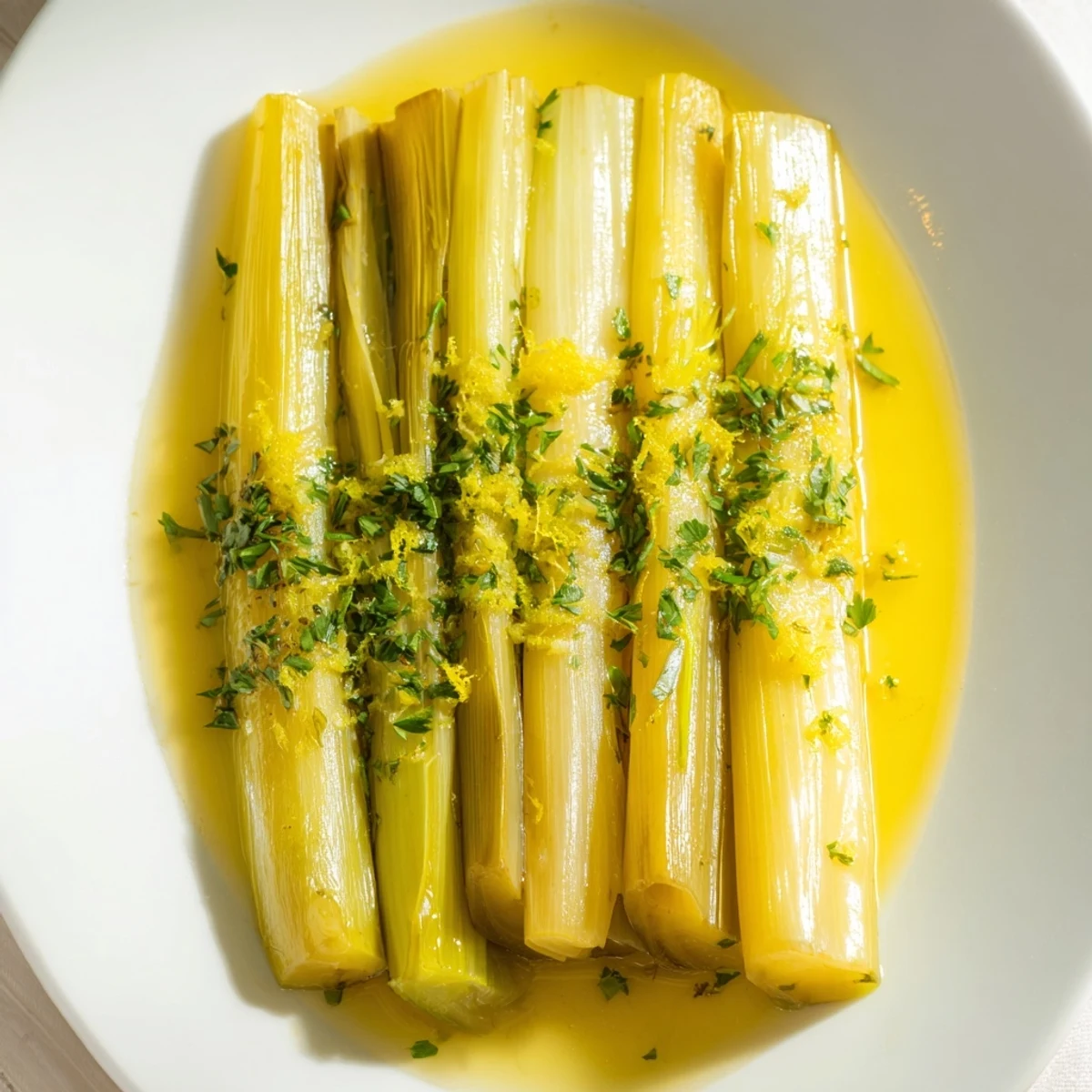 Steamed braised leeks, soft and green, plated after simmering in a flavorful cooking liquid.