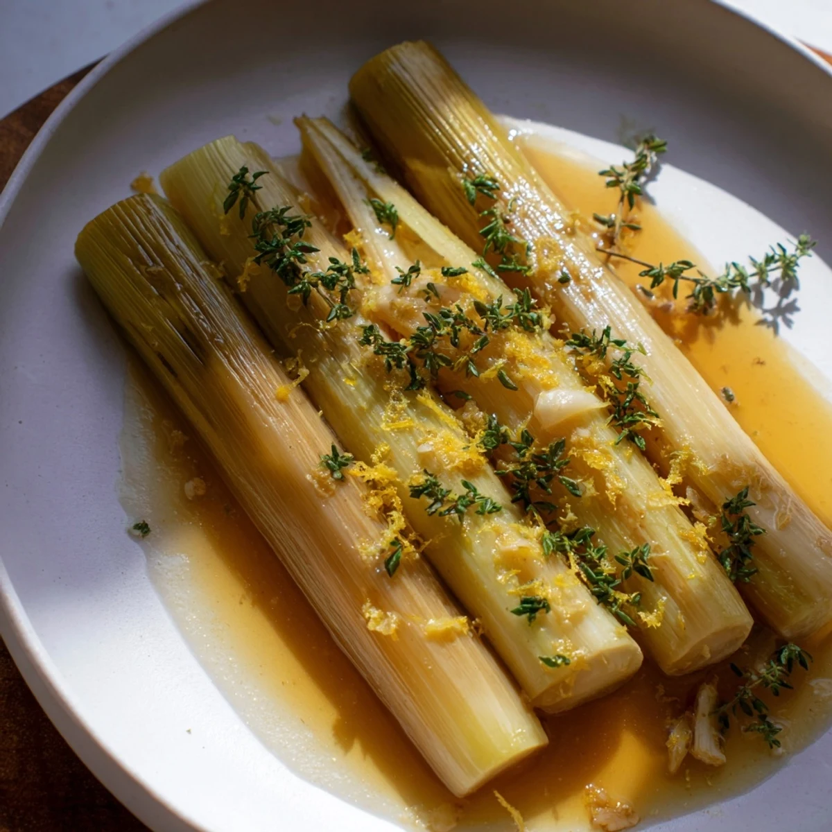A close-up of buttery braised leeks, perfect with a sprinkle of fresh parsley and lemon zest.