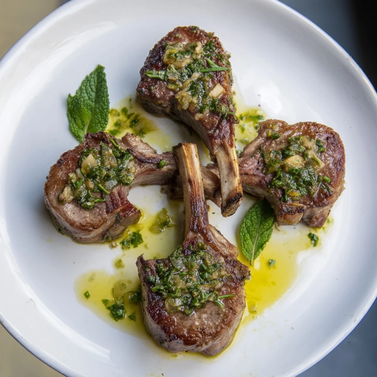 Beautifully plated lamb chops, adorned with fresh mint and a zesty mint sauce.
