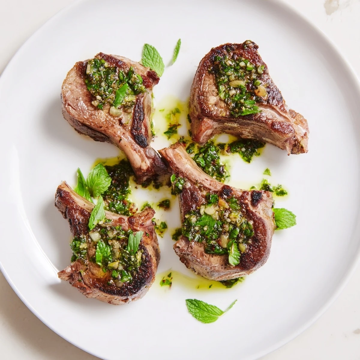 A close-up of tender lamb chops with mint, ready to be enjoyed, flavorful and delicious.