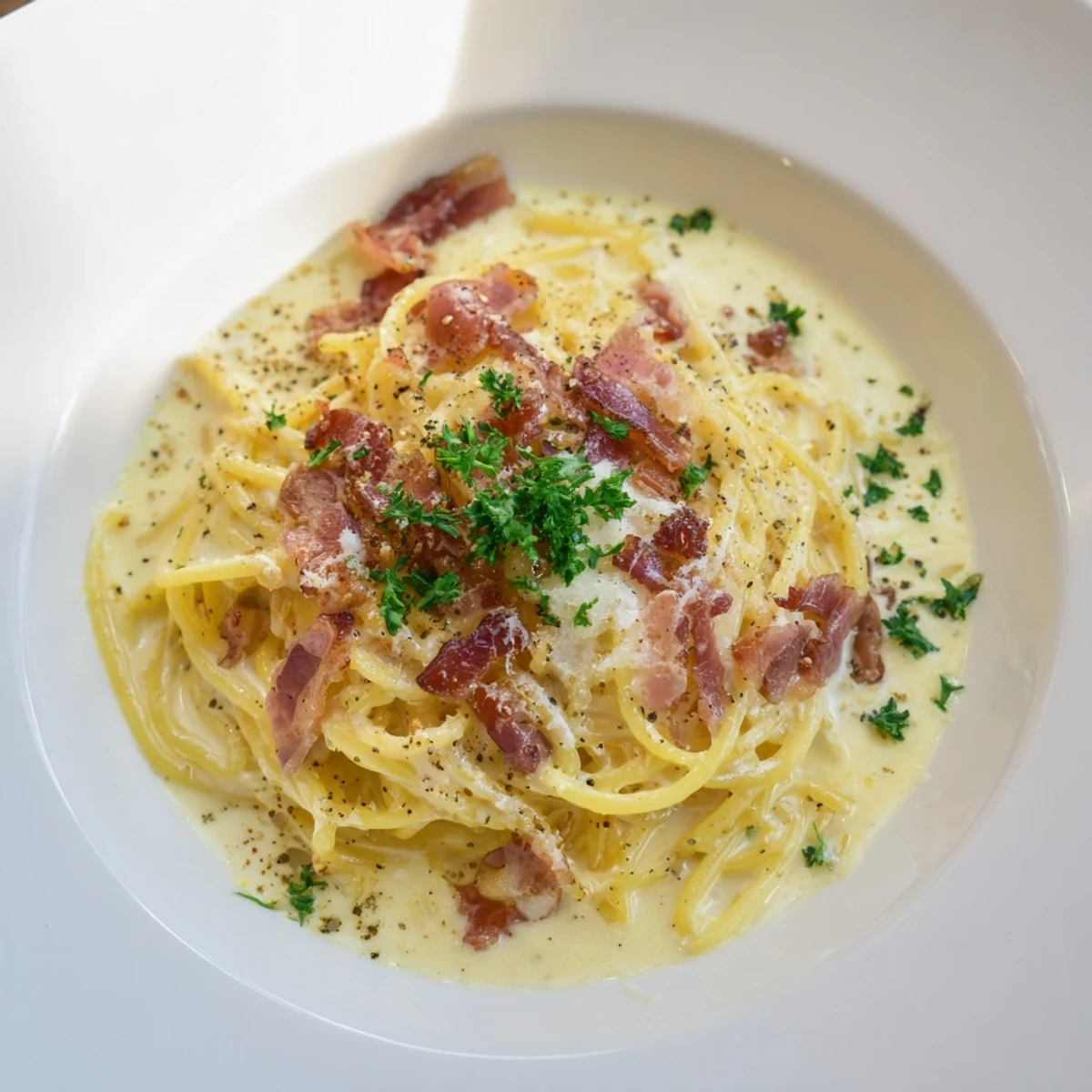 Golden beef bacon crisped in skillet coats creamy pasta carbonara, ready for a delicious meal.