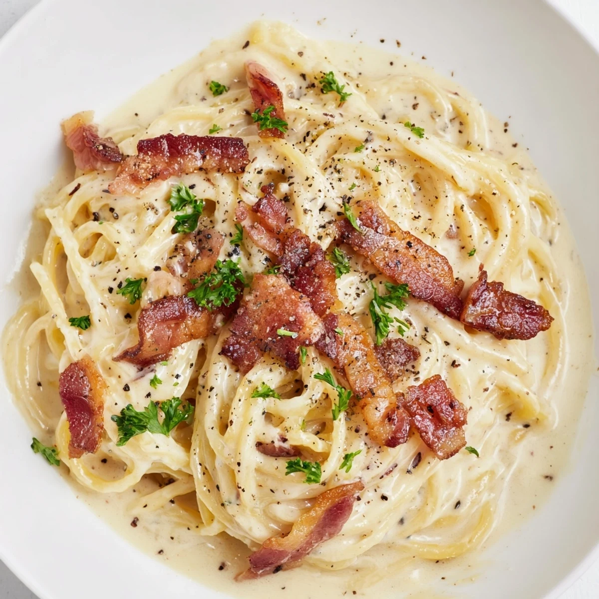 Close-up of freshly made creamy pasta carbonara, featuring the savory beef bacon topping.