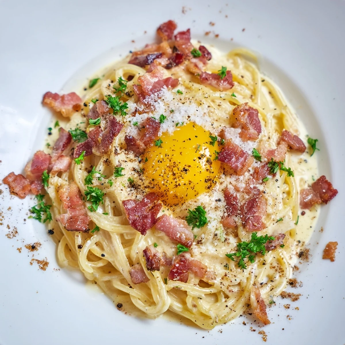 A steaming bowl of Creamy Pasta Carbonara with Beef Bacon, finished with parsley and extra Parmesan.