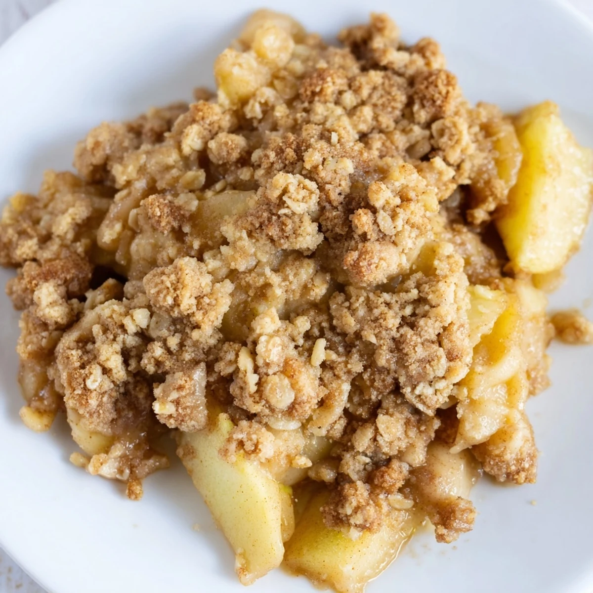 Warm Apple Crumble topped with a golden, buttery crumble, bubbling and fresh from the oven.