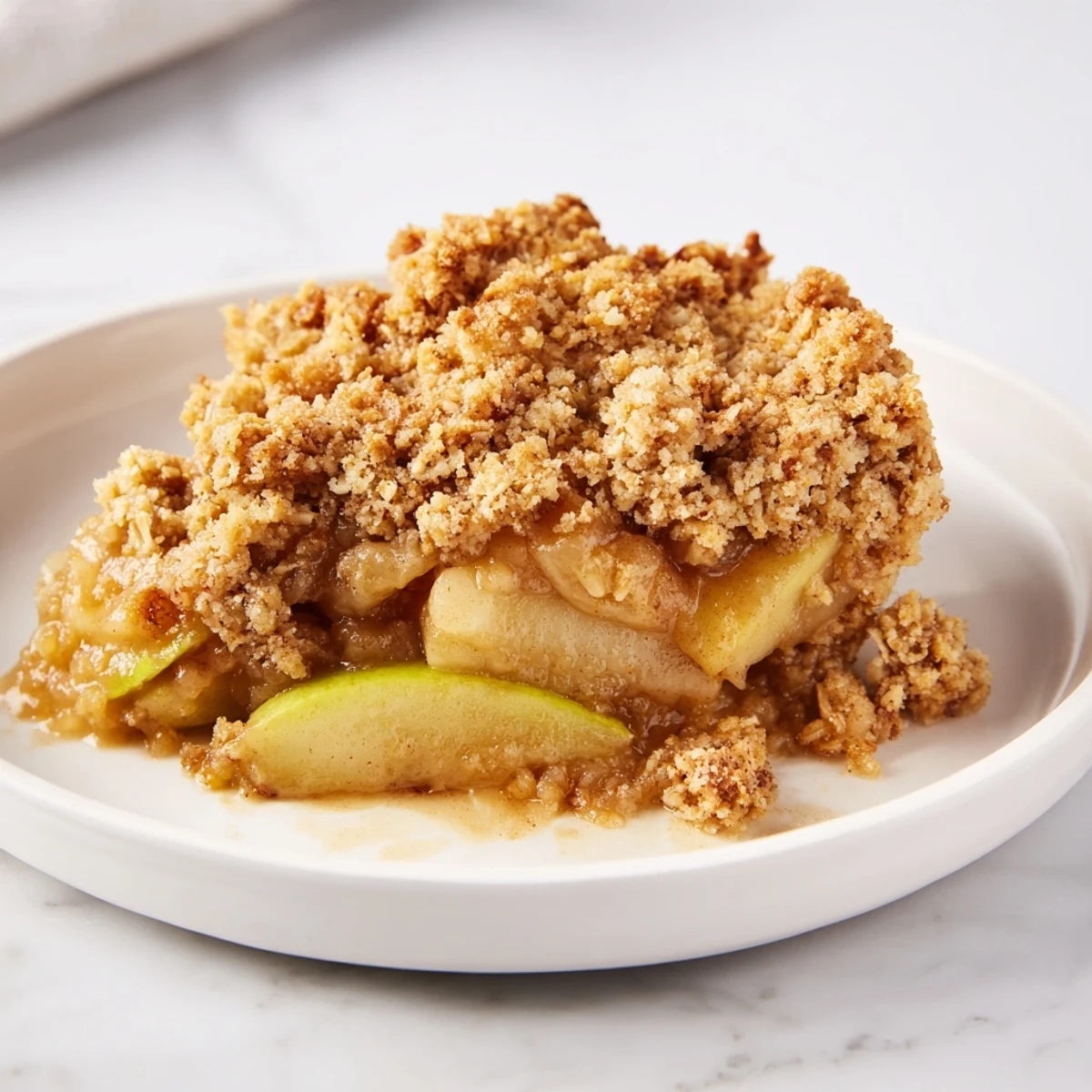 A warm, comforting slice of Warm Apple Crumble, served with a scoop of vanilla ice cream.