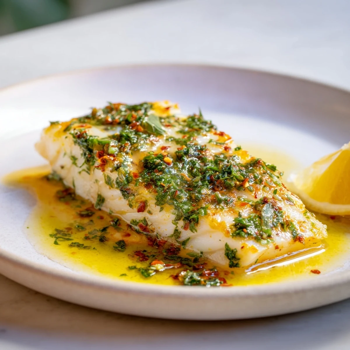 Succulent baked cod loin, glistening with a lemon-herb marinade, ready to enjoy with a fork.