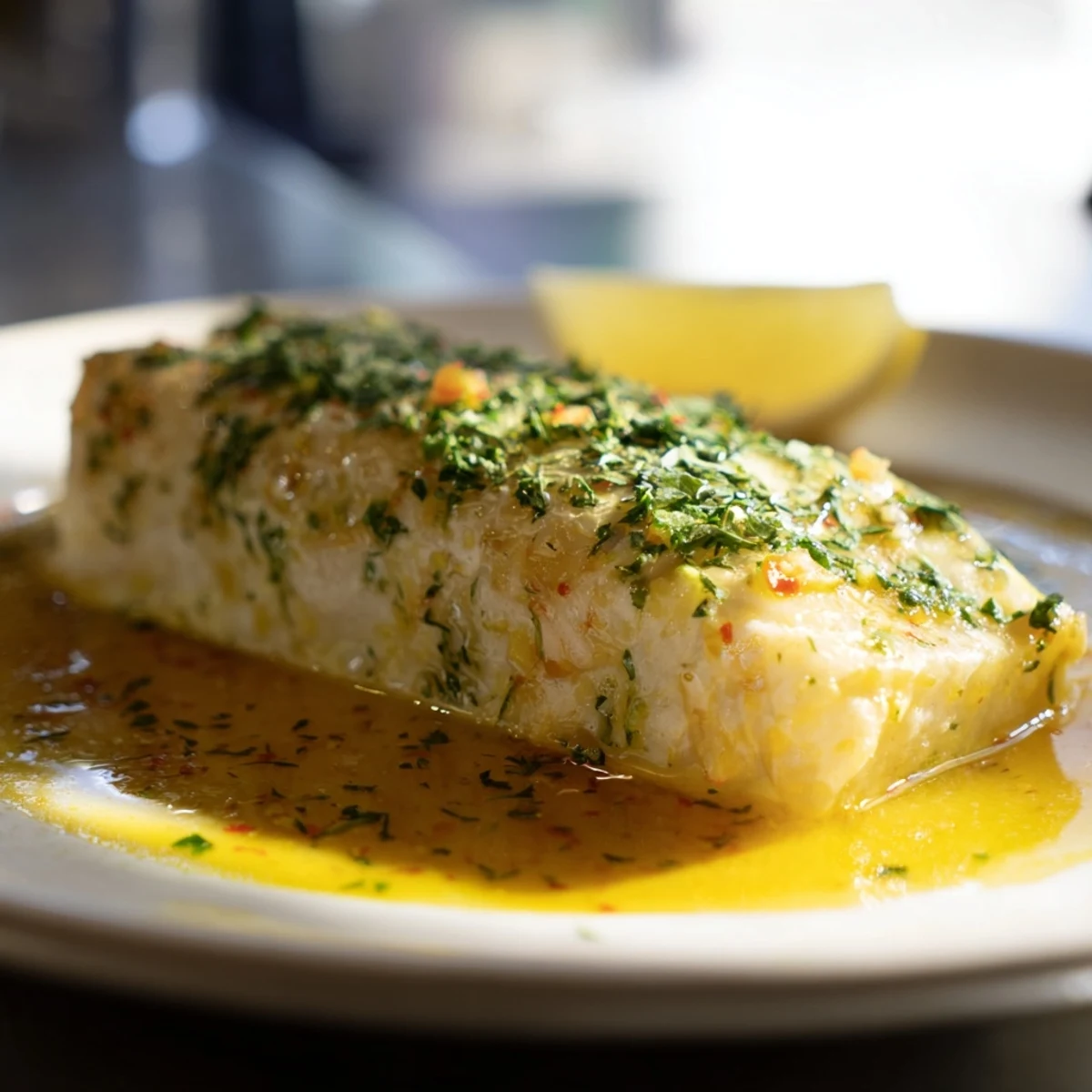 Fragrant baked cod loin, with parsley garnish, served alongside fresh lemon wedges for zest.