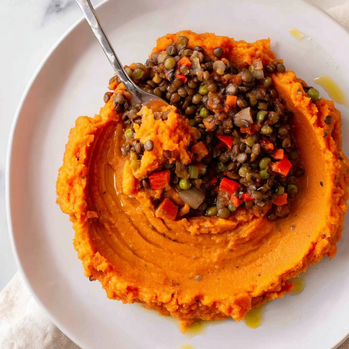 Vegan Lentil Shepherd's Pie with sweet potato mash, bubbling and golden brown after baking.