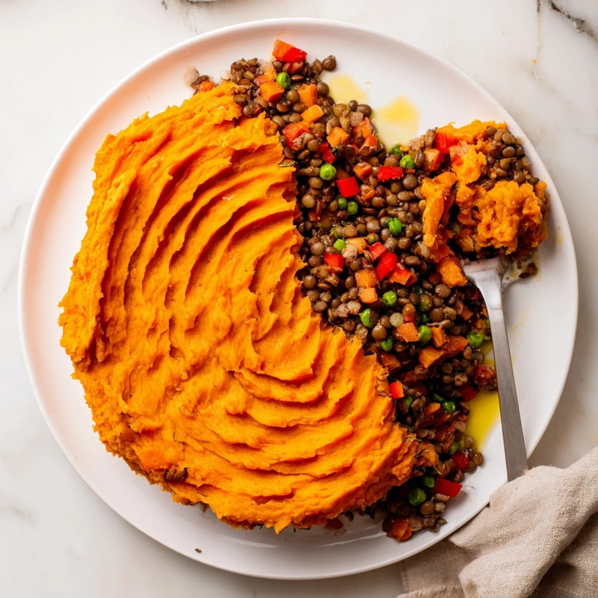 A comforting, hearty Vegan Lentil Shepherd's Pie, rich with lentils and topped with fluffy sweet potato.