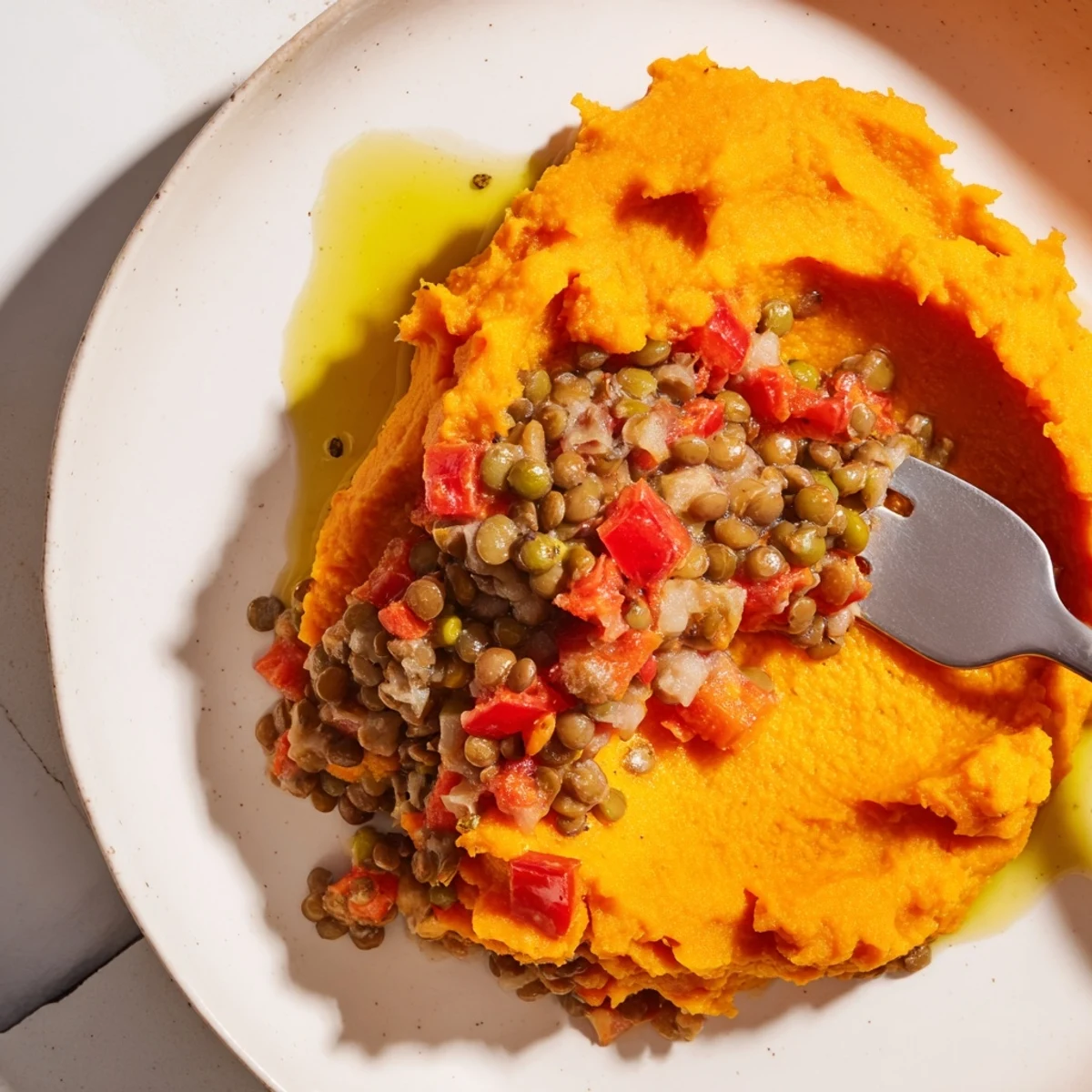 Enjoy a spoonful of the flavorful Vegan Lentil Shepherd's Pie; a vegan dinner classic.