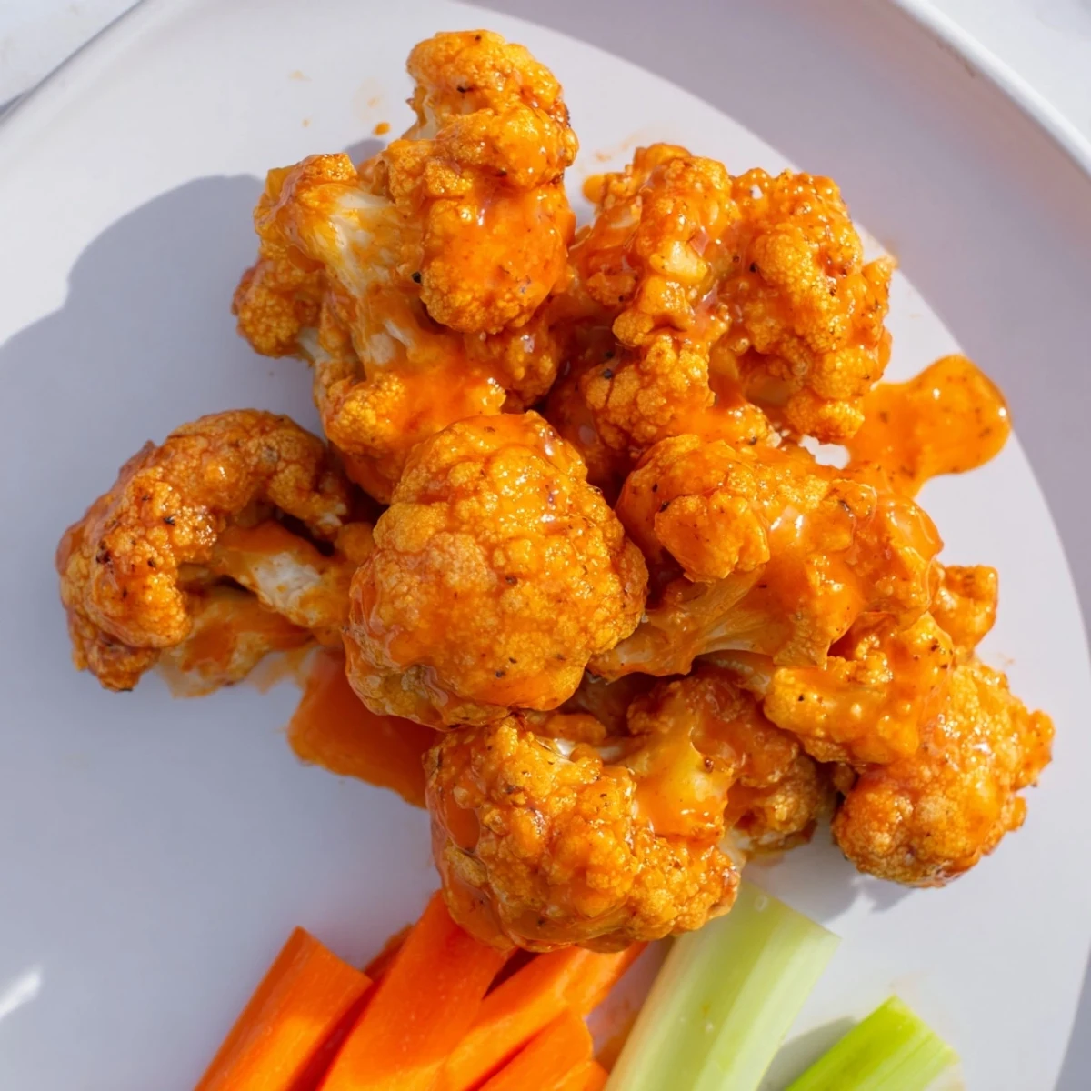 Steaming hot air fryer buffalo cauliflower wings, perfectly tossed with buffalo sauce and spices, ready to eat.