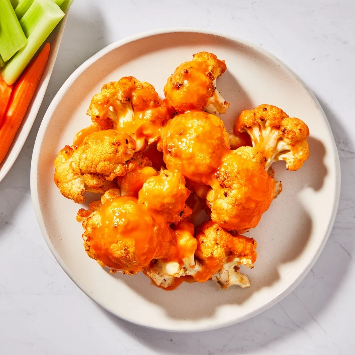 Close-up of crispy air fryer buffalo cauliflower wings, showing the spice-covered florets after air frying.