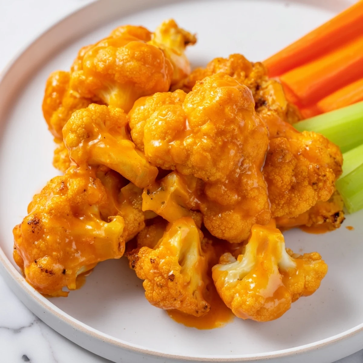 Golden, air fryer buffalo cauliflower wings, arranged for serving with crunchy celery and cool ranch dressing.