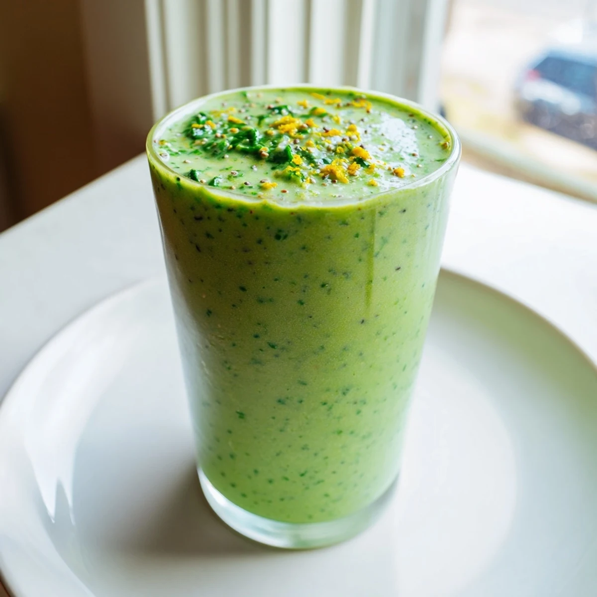 Vibrant green Detox Green Smoothie, packed with blended spinach, ginger, and lemon, ready to sip.