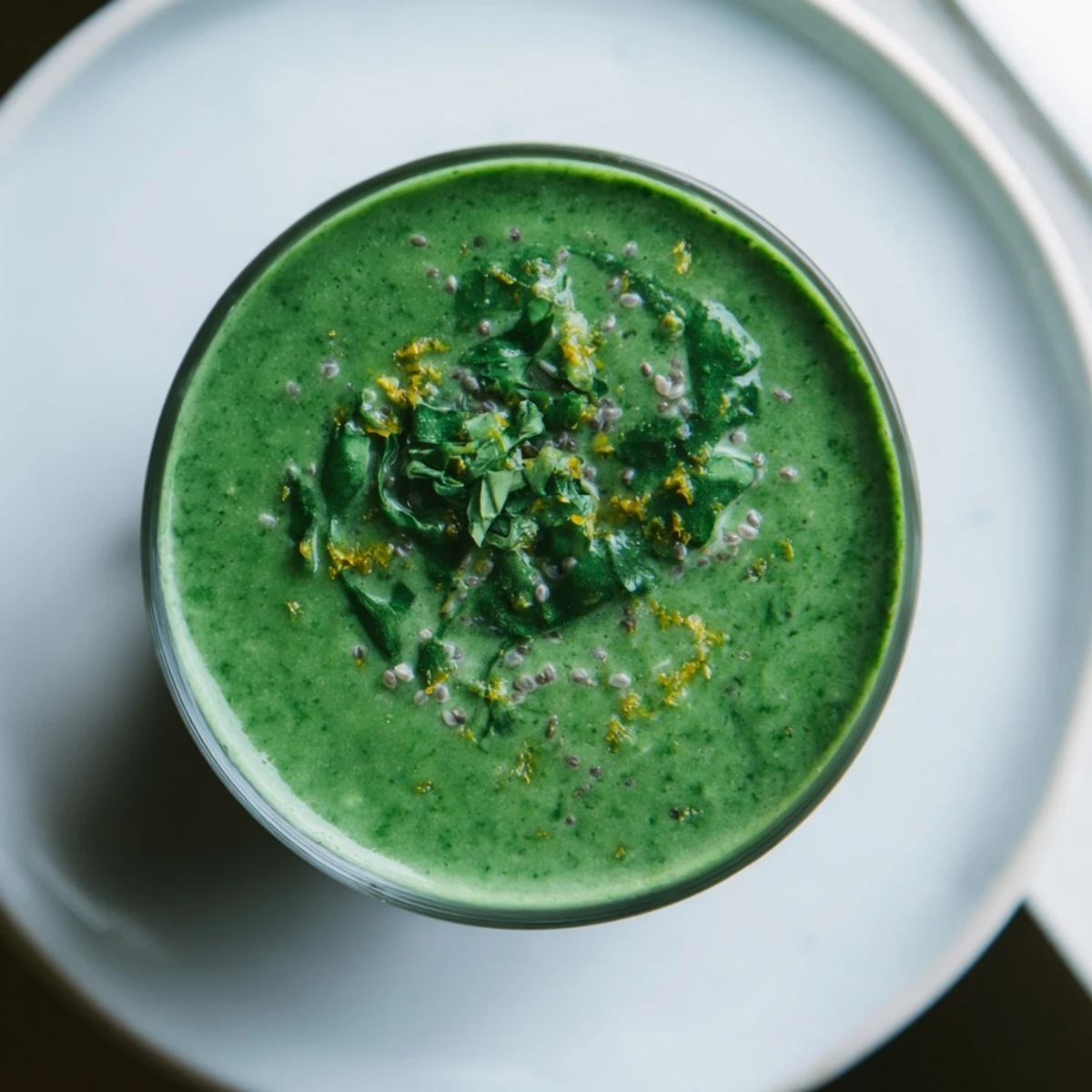 Freshly blended Detox Green Smoothie with chunks of apple and avocado, offering a healthy energy lift.