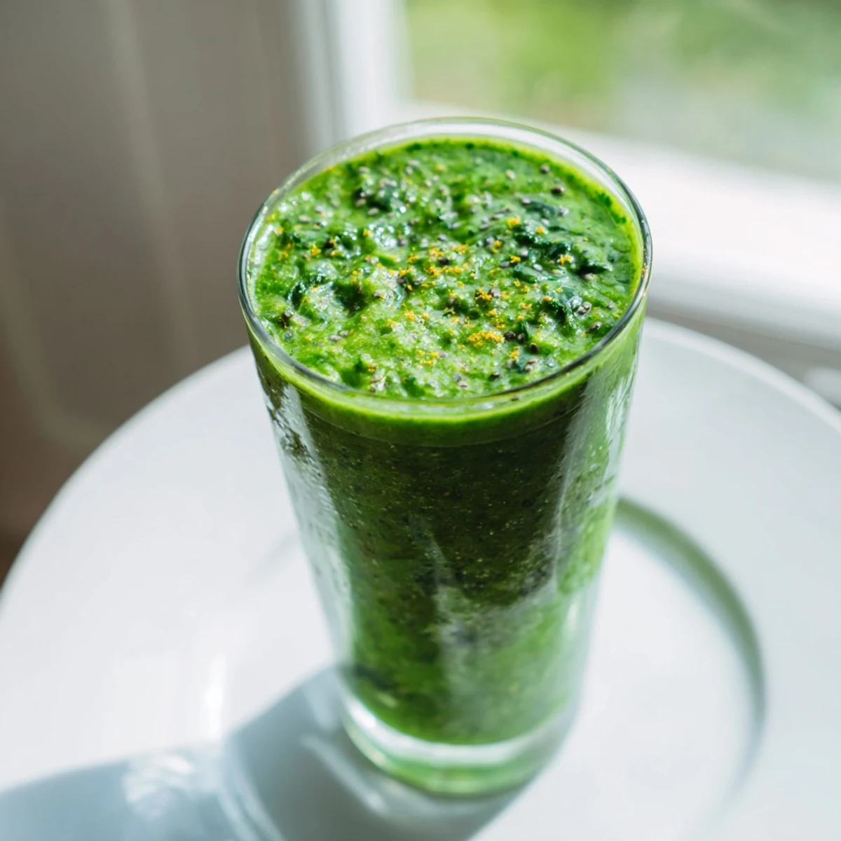 Creamy green Detox Green Smoothie with a slight ginger kick, perfect for a refreshing vegan breakfast.