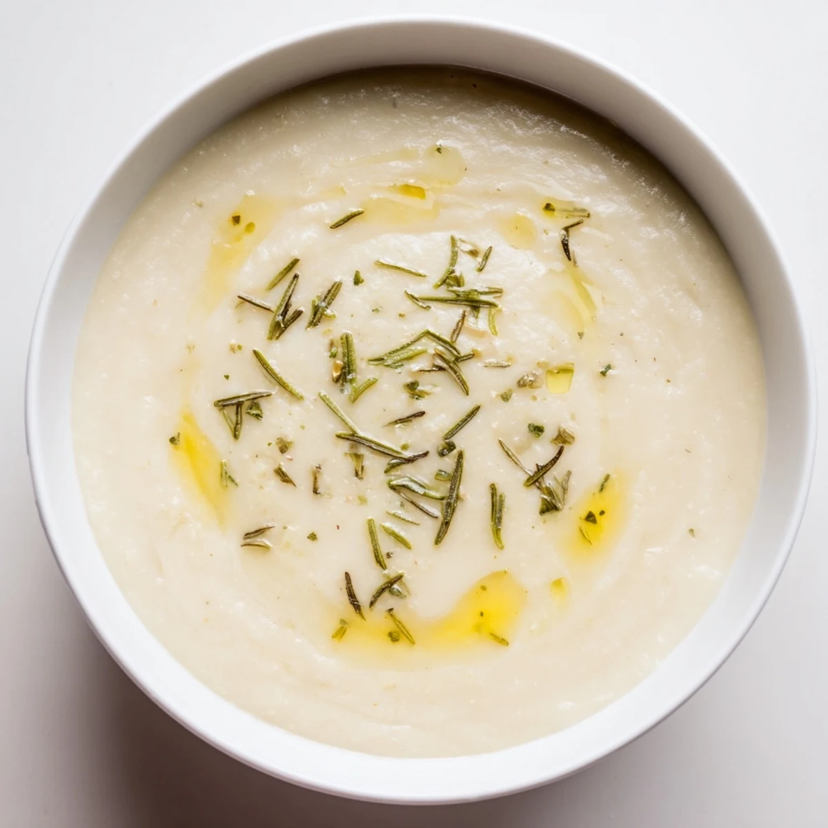 Creamy White Bean and Rosemary Soup: A rich, smooth texture and inviting aroma of herbs and olive oil.