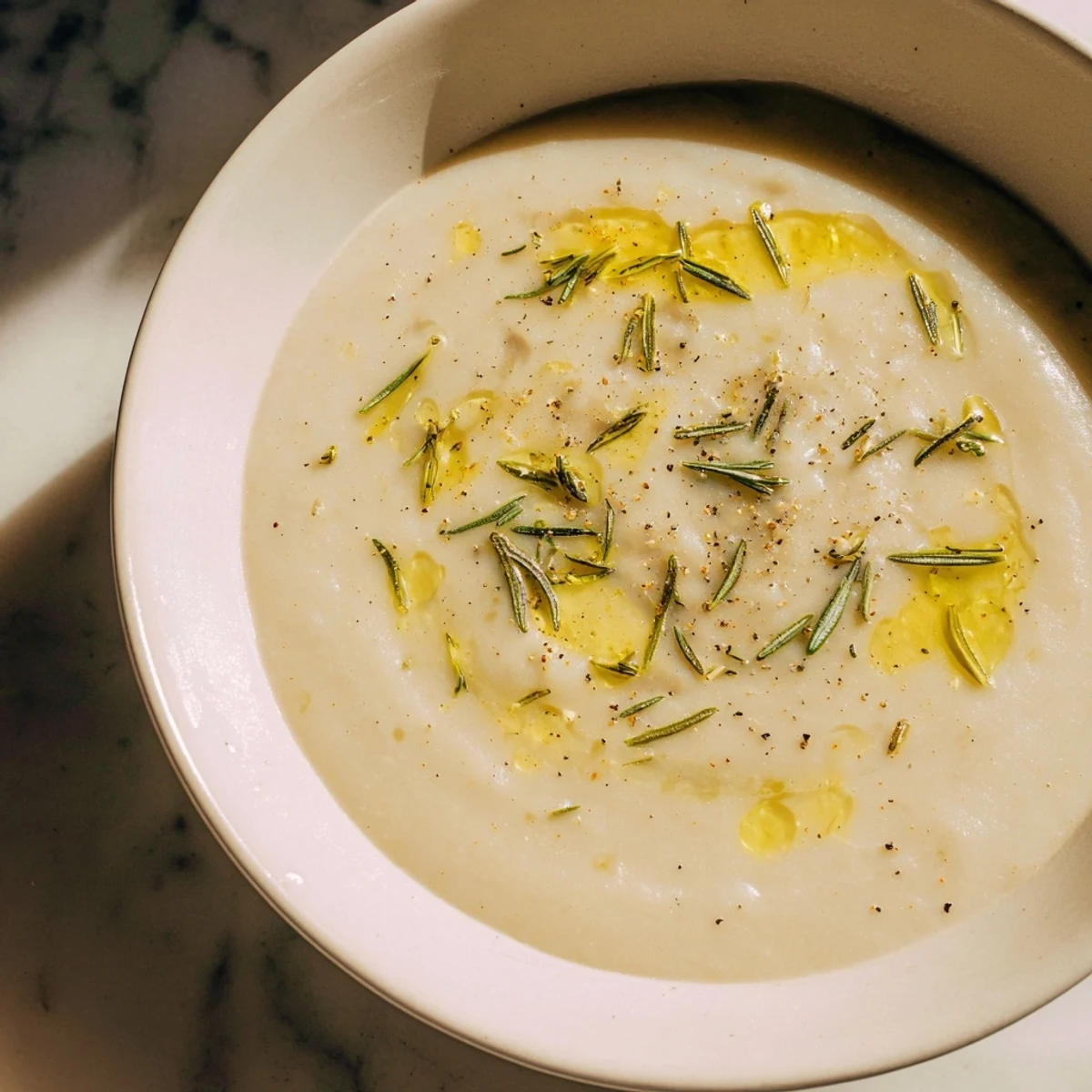 Enjoy a steaming bowl of Creamy White Bean and Rosemary Soup, garnished with fresh rosemary and drizzled olive oil.