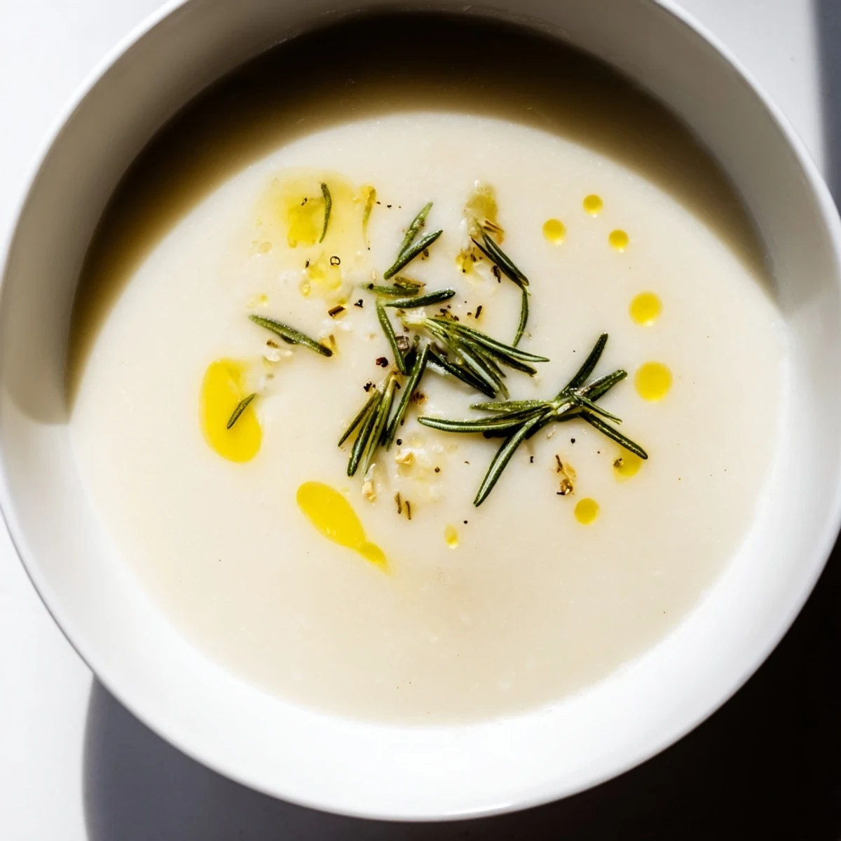 The vibrant, comforting bowl of Creamy White Bean and Rosemary Soup with a creamy, perfect consistency is ready to serve.