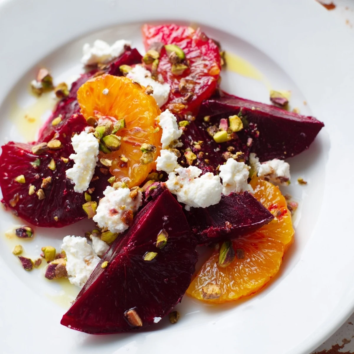 This Roasted Beet and Blood Orange Salad features bright red beets alongside juicy orange citrus slices, ready to enjoy.