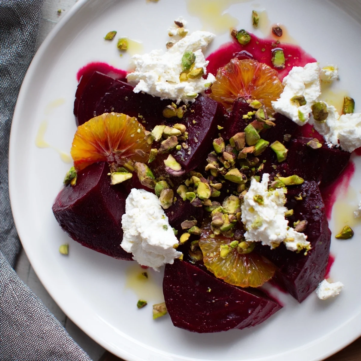 Top view of the finished Roasted Beet and Blood Orange Salad; goat cheese and pistachios provide creamy and crunchy textures.
