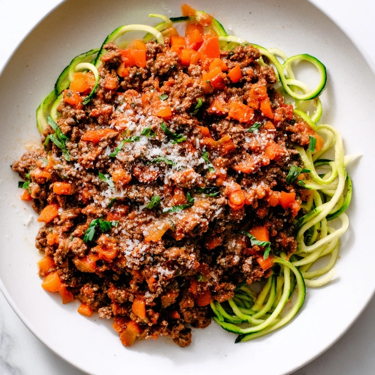 Steaming beef Bolognese over zucchini noodles, a low-carb delight cooked to perfection in a Dutch oven.