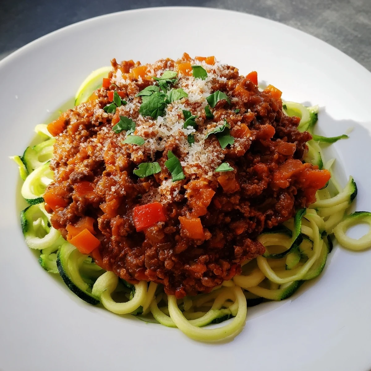 A visual, vibrant image of rich, flavorful beef Bolognese generously piled over fresh spiralized zucchini.