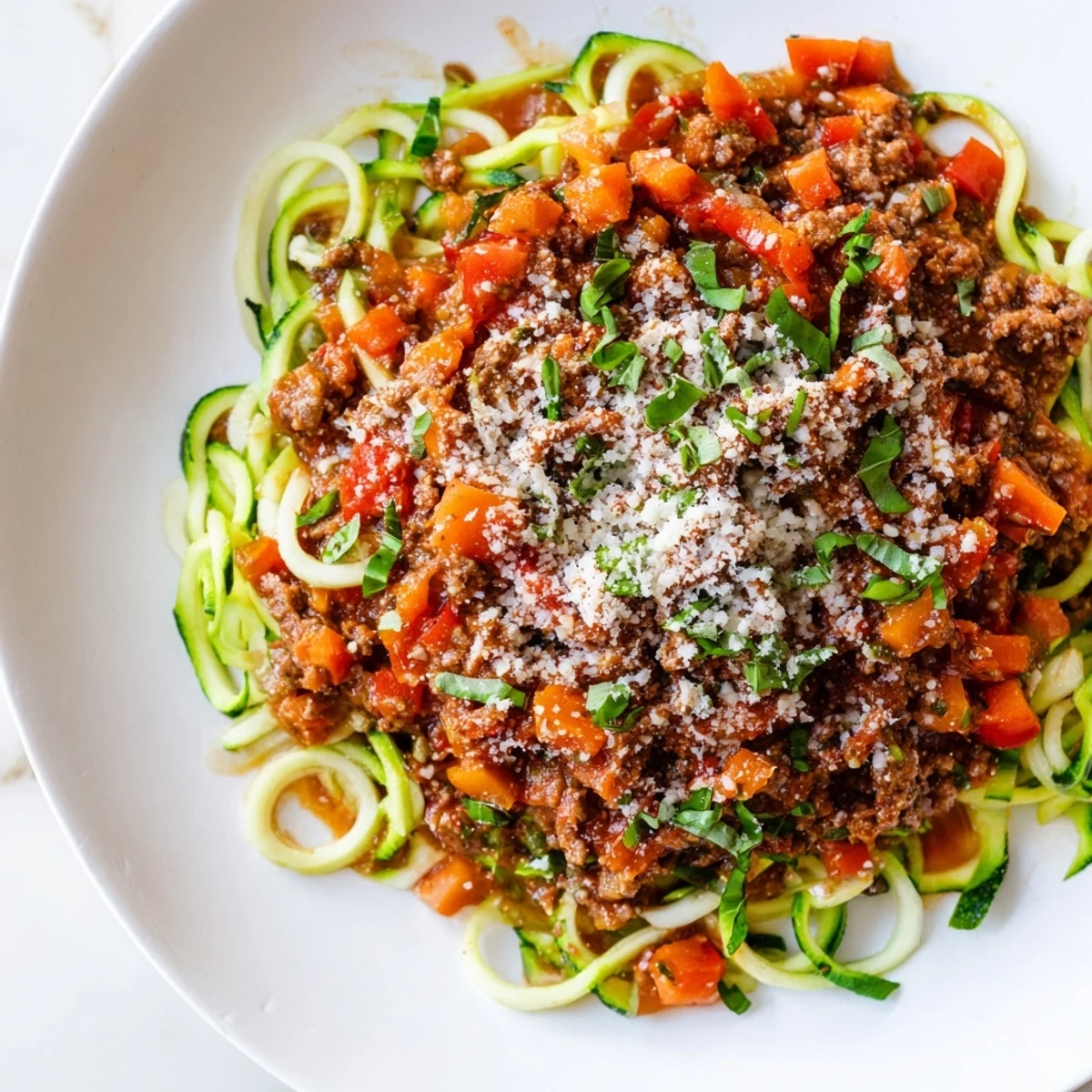 Homemade beef Bolognese with hearty meat sauce and tasty zucchini noodles, ready to be enjoyed.