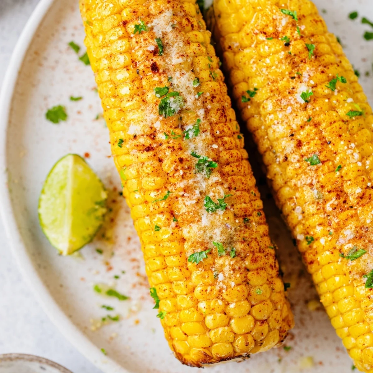 Golden, charred Corn Roasted on the cob, seasoned and ready for a delicious side!