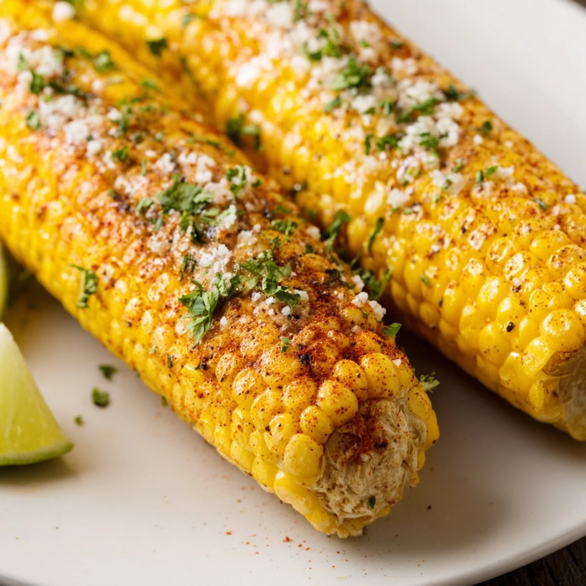 Beautifully plated Corn Roasted, garnished with fresh herbs, a summer-time treat.