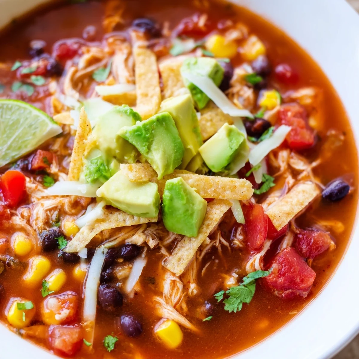 A steaming bowl of Slow Cooker Chicken Enchilada Soup, garnished with fresh cilantro and cheese.