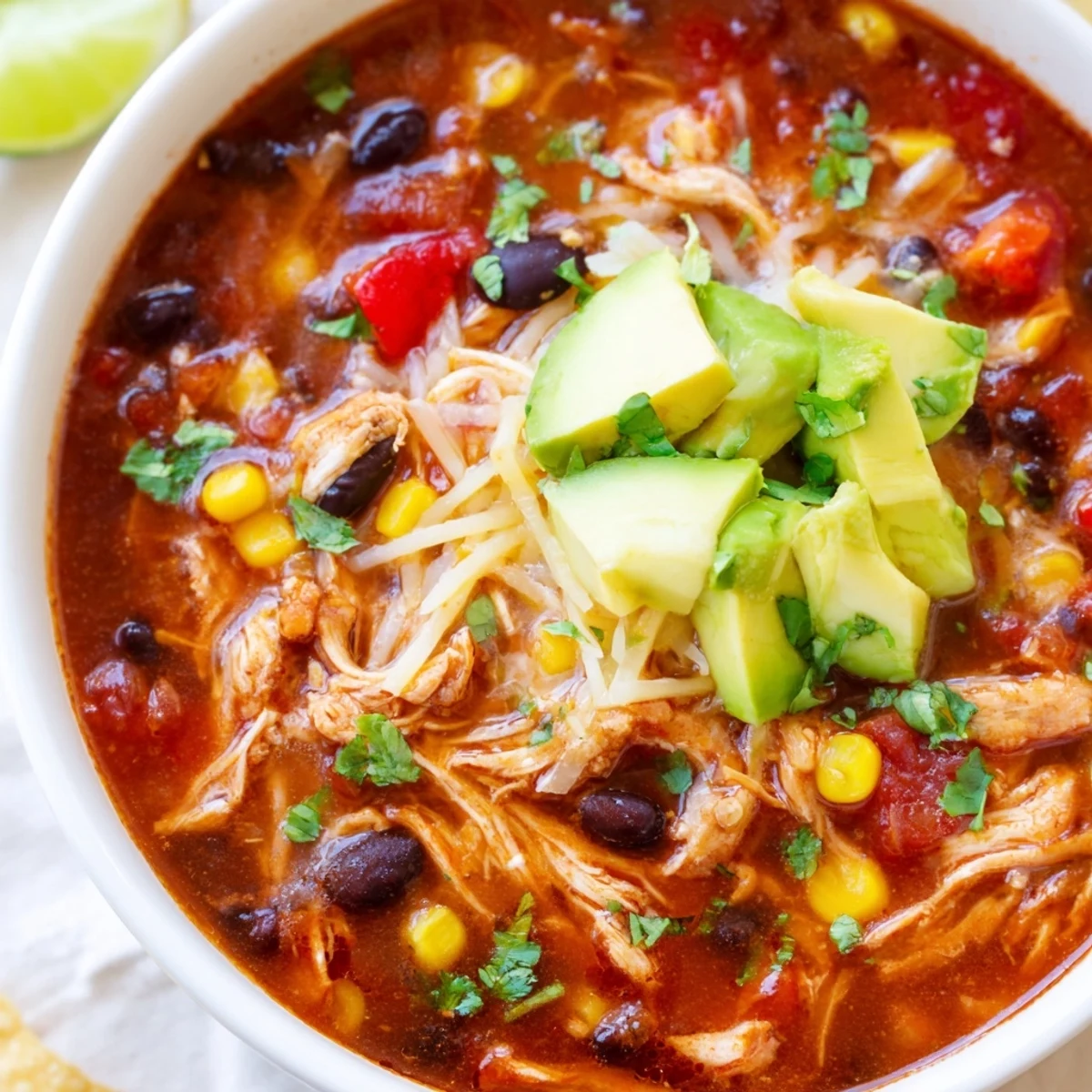 This slow cooker Chicken Enchilada Soup features tender chicken and a rich, flavorful broth ready to enjoy.
