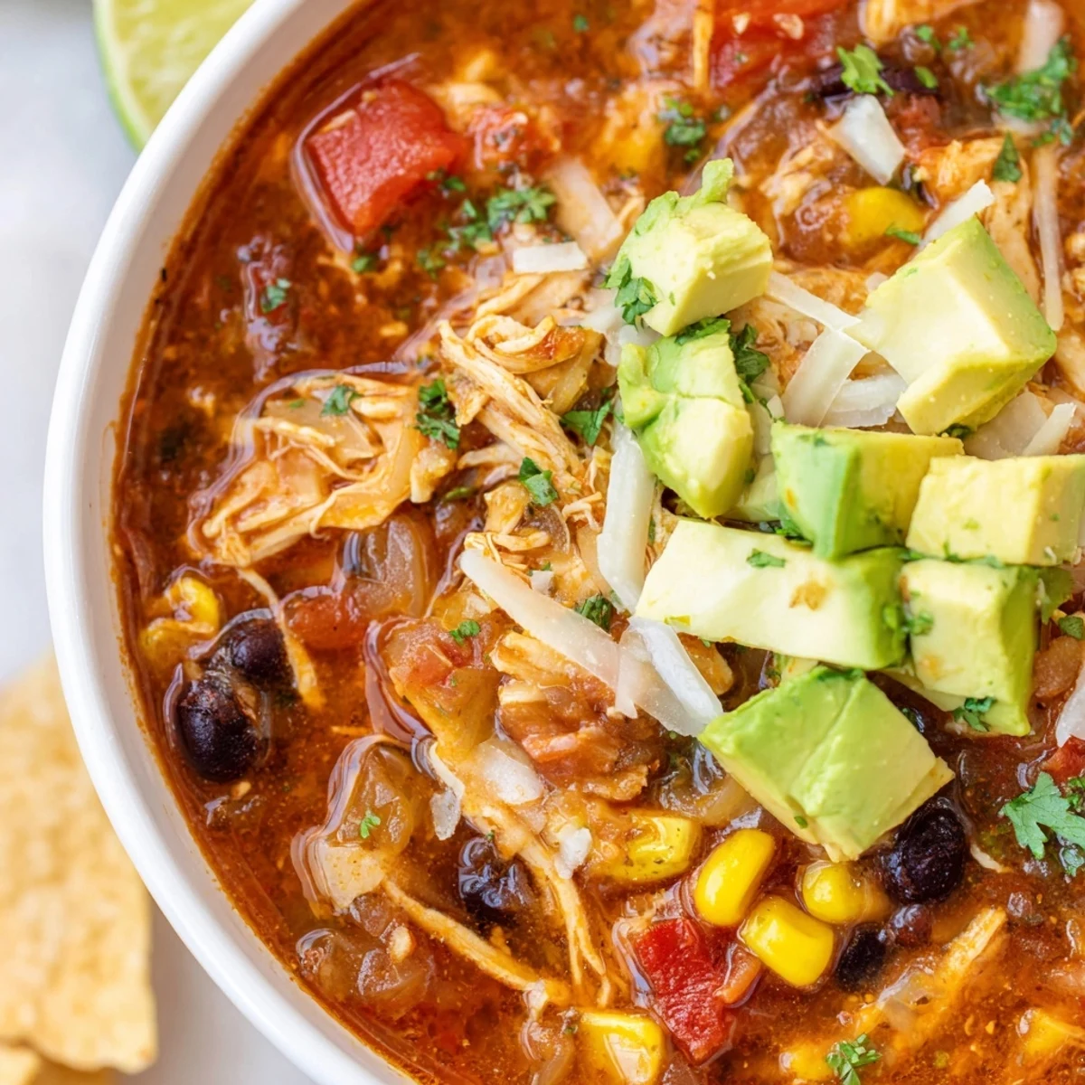 Close-up of hearty Slow Cooker Chicken Enchilada Soup, perfect for a cozy, comforting weeknight meal.