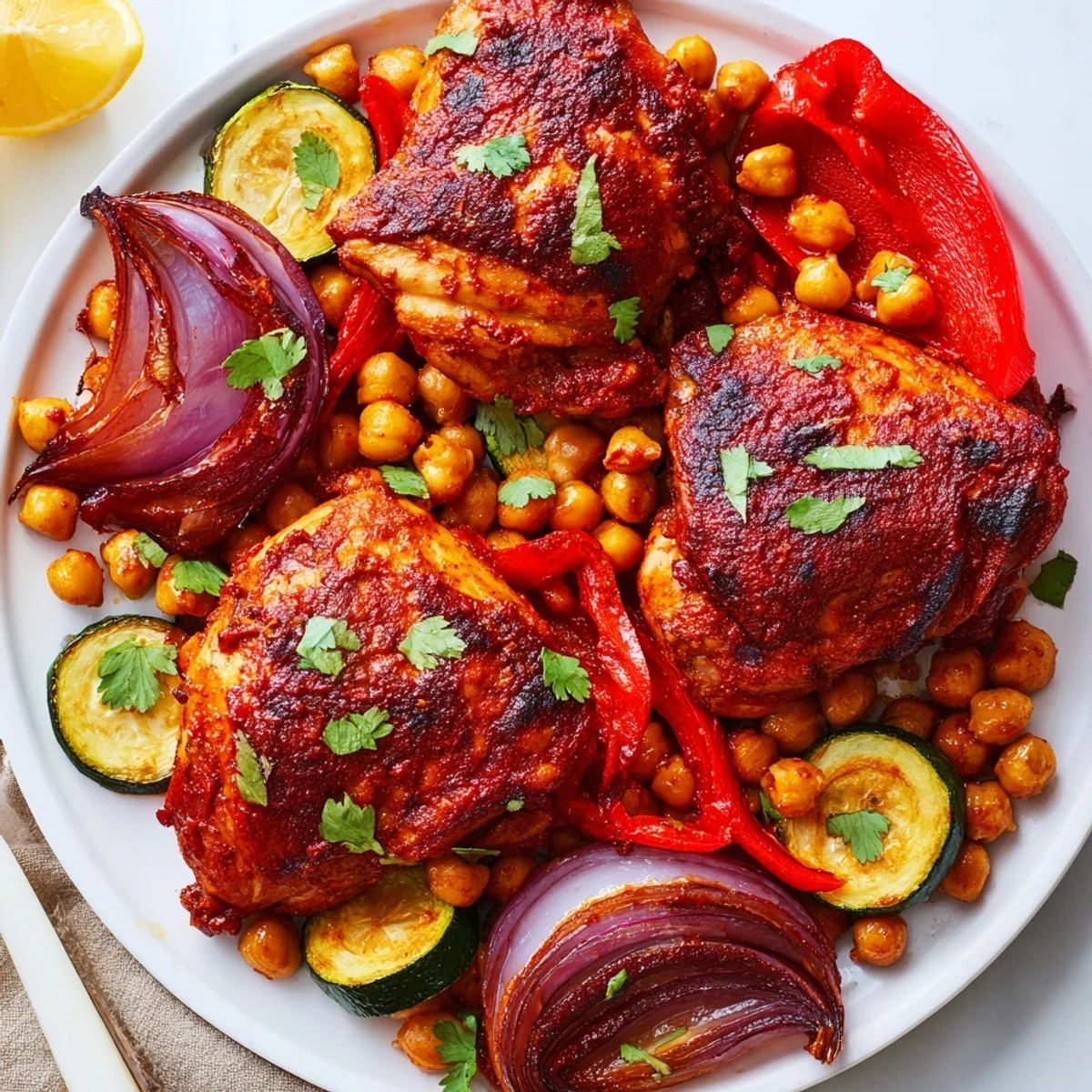 Golden, crispy Sheet Pan Harissa Chicken with tender vegetables, ready for a flavorful bite.