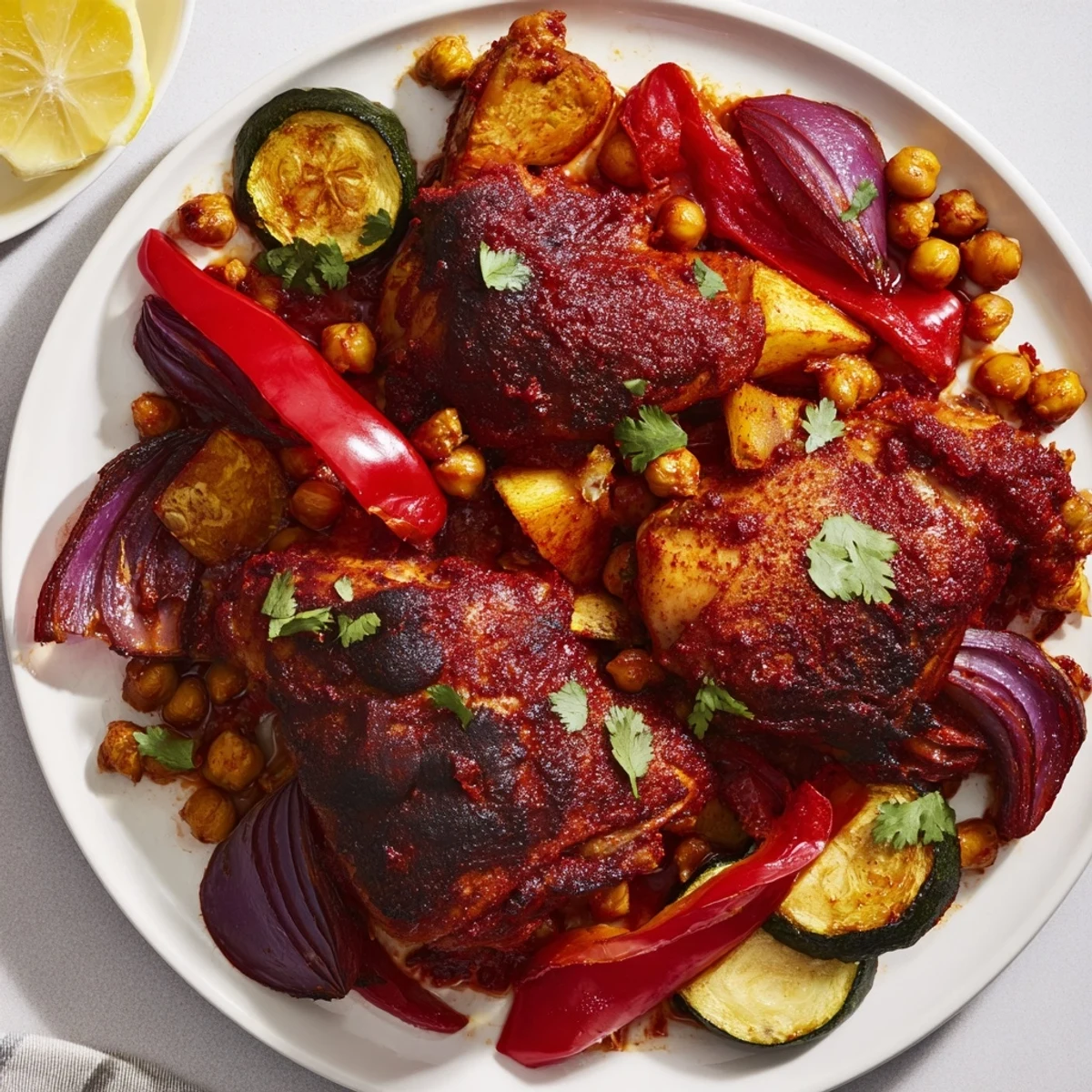 Vibrant image of sheet pan Harissa Chicken: juicy chicken thighs and roasted vegetables glistening.