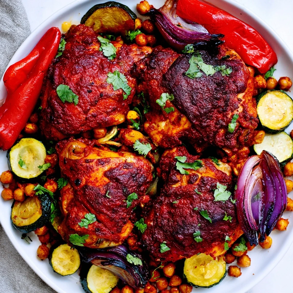 A delicious one-pan dinner of Sheet Pan Harissa Chicken, sprinkled with fresh herbs.