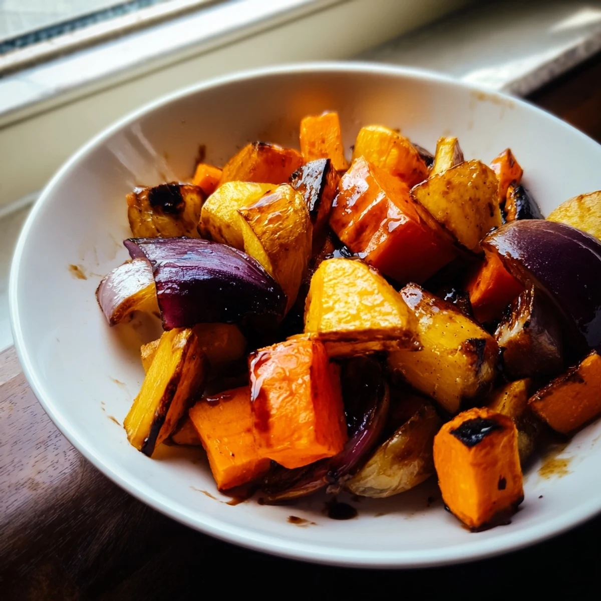 Vibrant, caramelized roasted root vegetables with balsamic glaze, a delicious side dish.