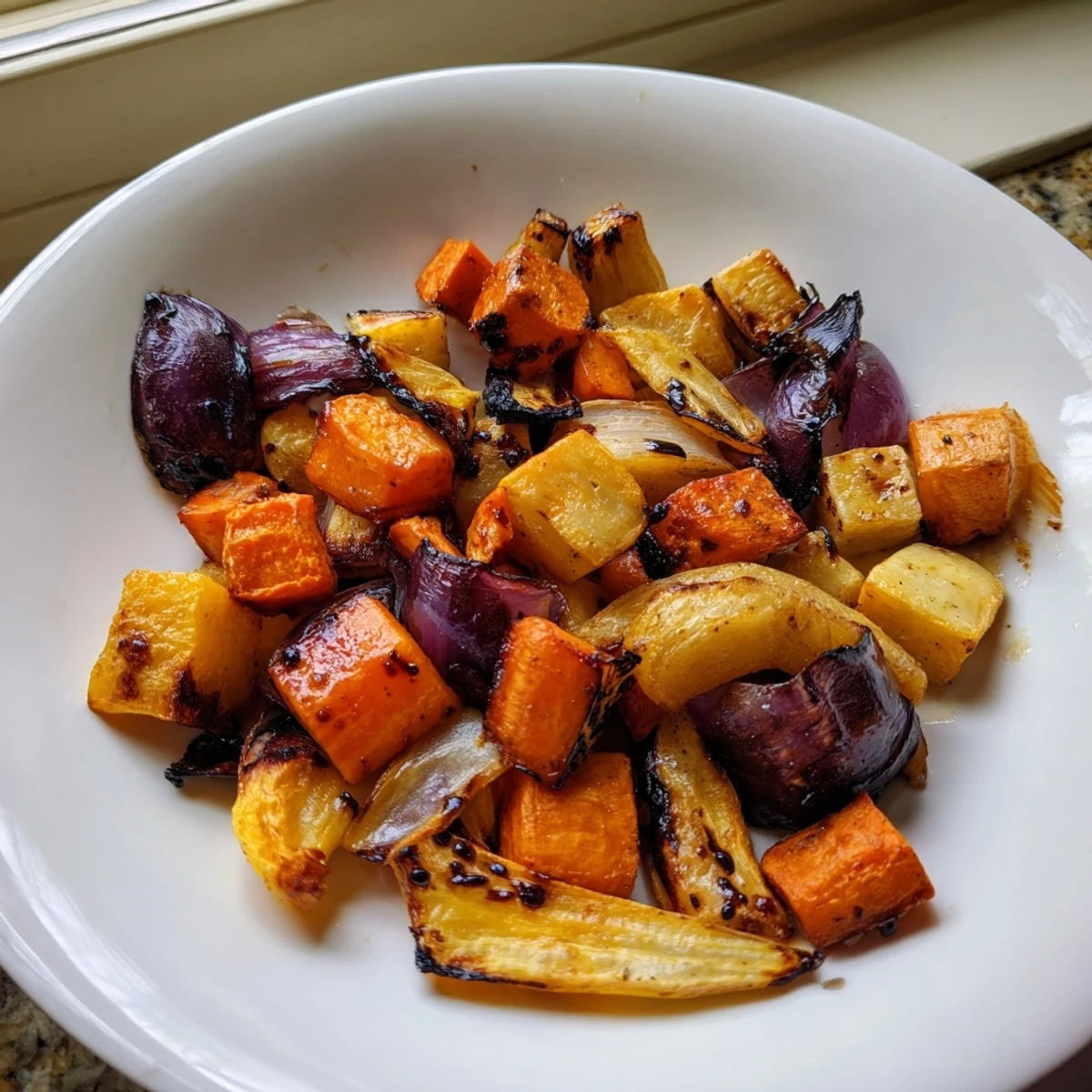 Golden-brown roasted root vegetables with balsamic, ready to serve for a hearty meal.