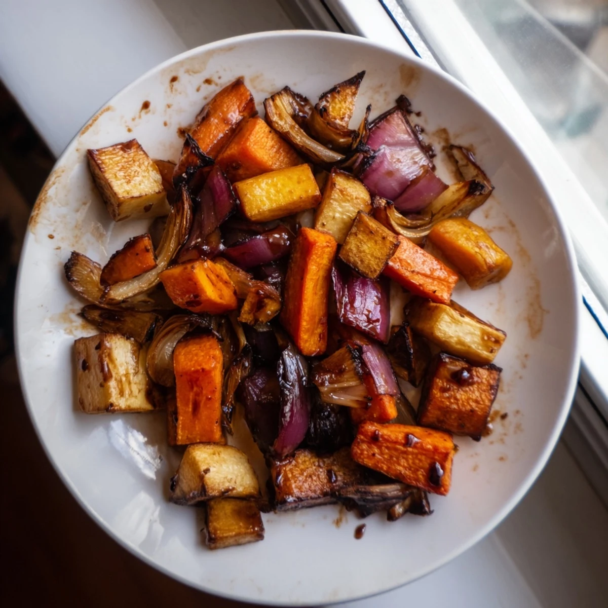 Close-up of tender roasted root vegetables with balsamic, perfect for a vegan dinner.