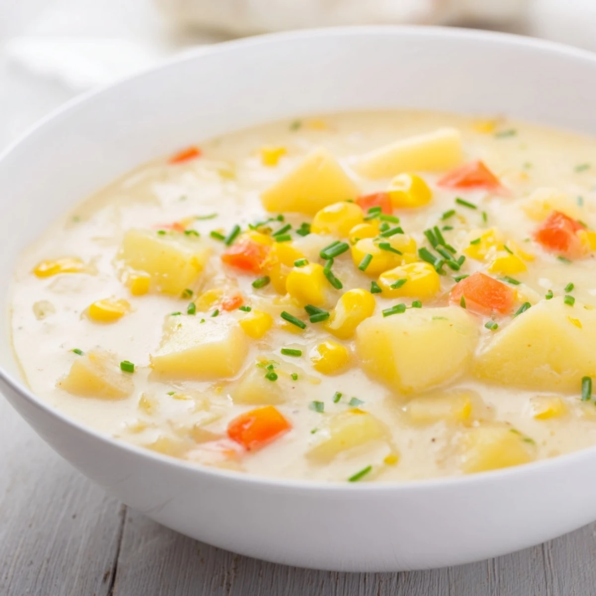 Creamy Corn and Potato Chowder swirled in a bowl, garnished with fresh chives, ready to eat.