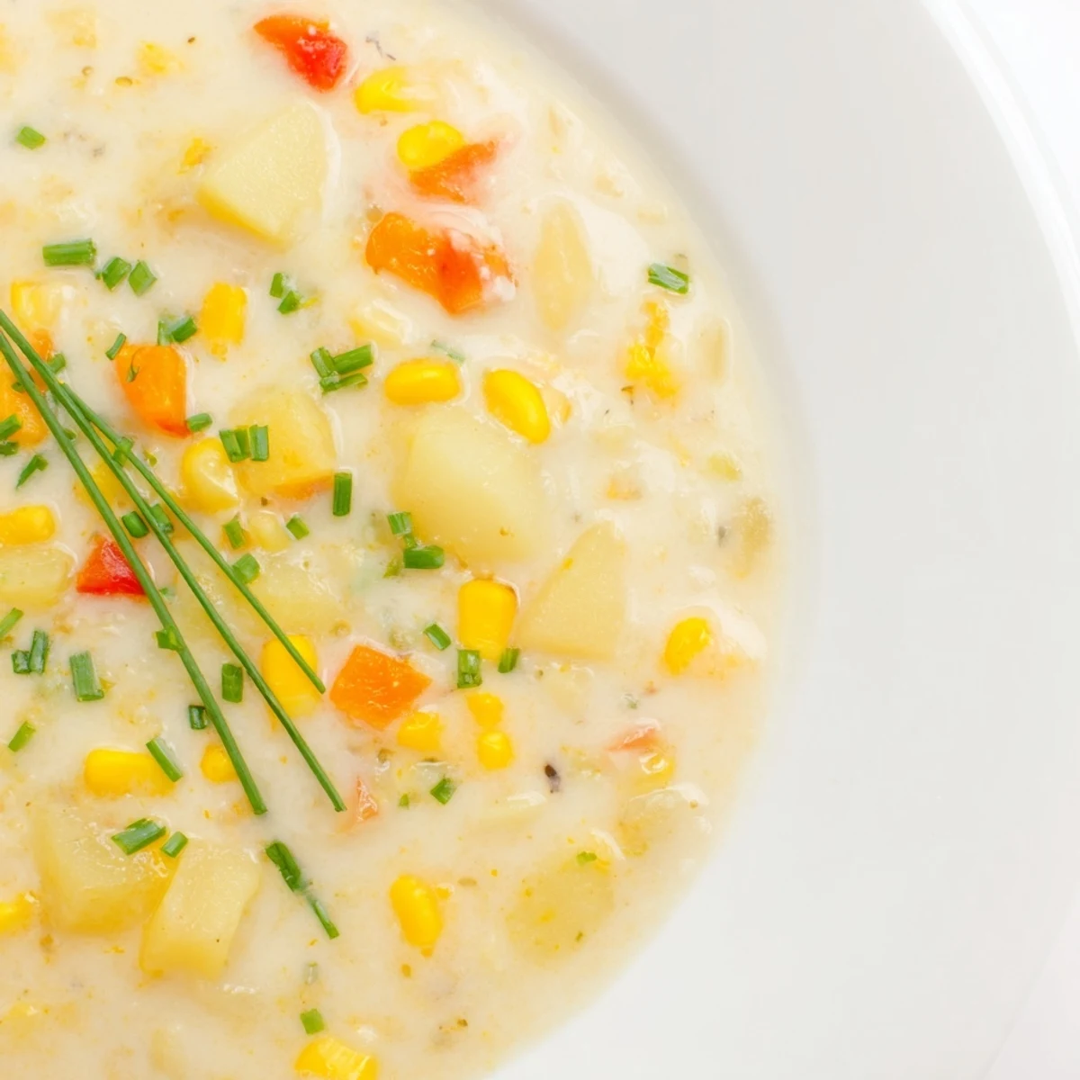 A steaming bowl of Creamy Corn and Potato Chowder, with visible potato and corn kernels.