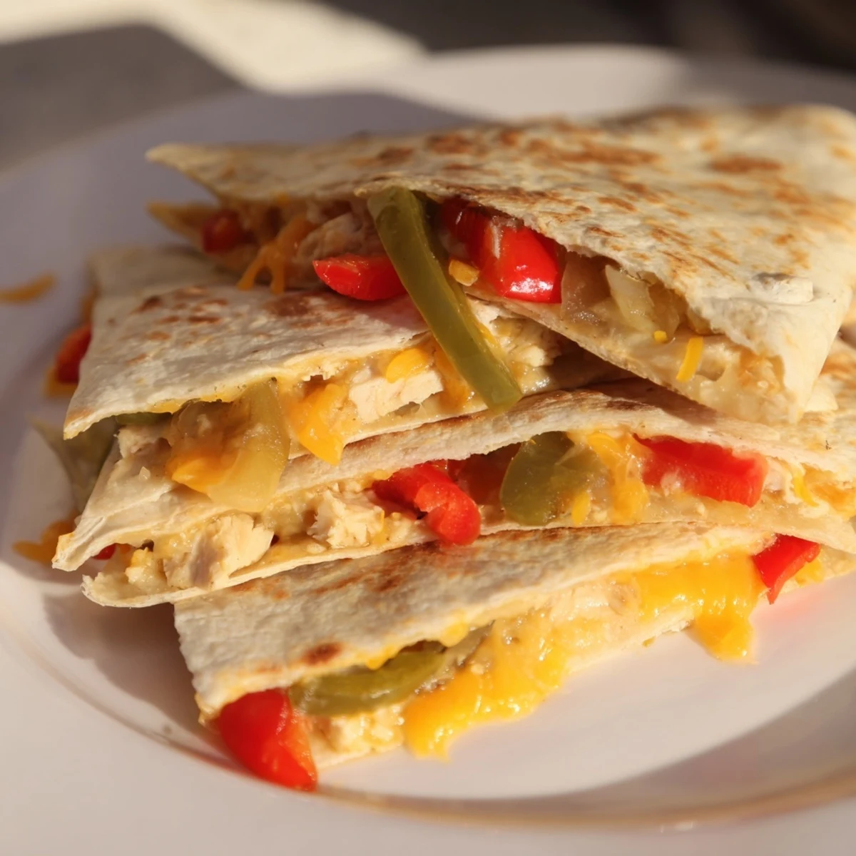 Golden, crispy Chicken Quesadillas with peppers, filled with melted cheese, ready to serve hot.