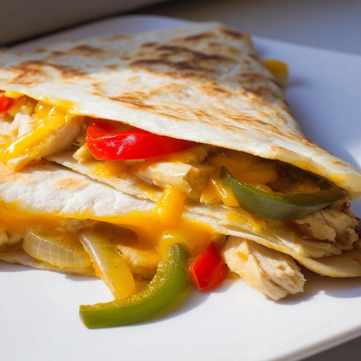 A close-up shot of delicious Chicken Quesadillas with peppers, showcasing the perfectly melted cheese and fillings.