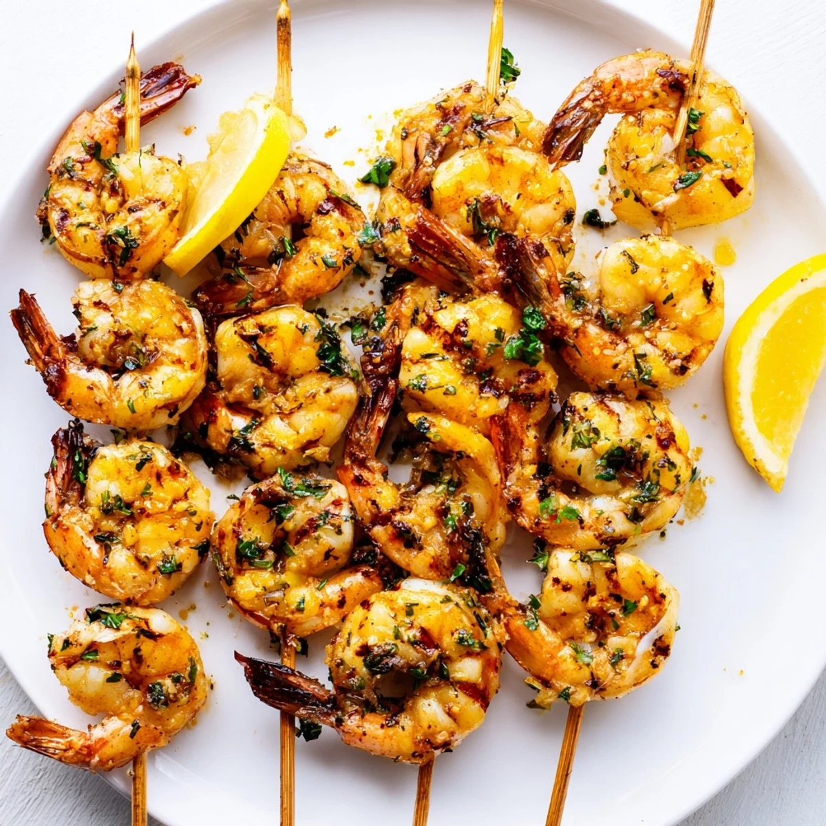 Zesty Lemon Garlic Shrimp Skewers, grilled with a hint of char, ready for a flavorful bite.