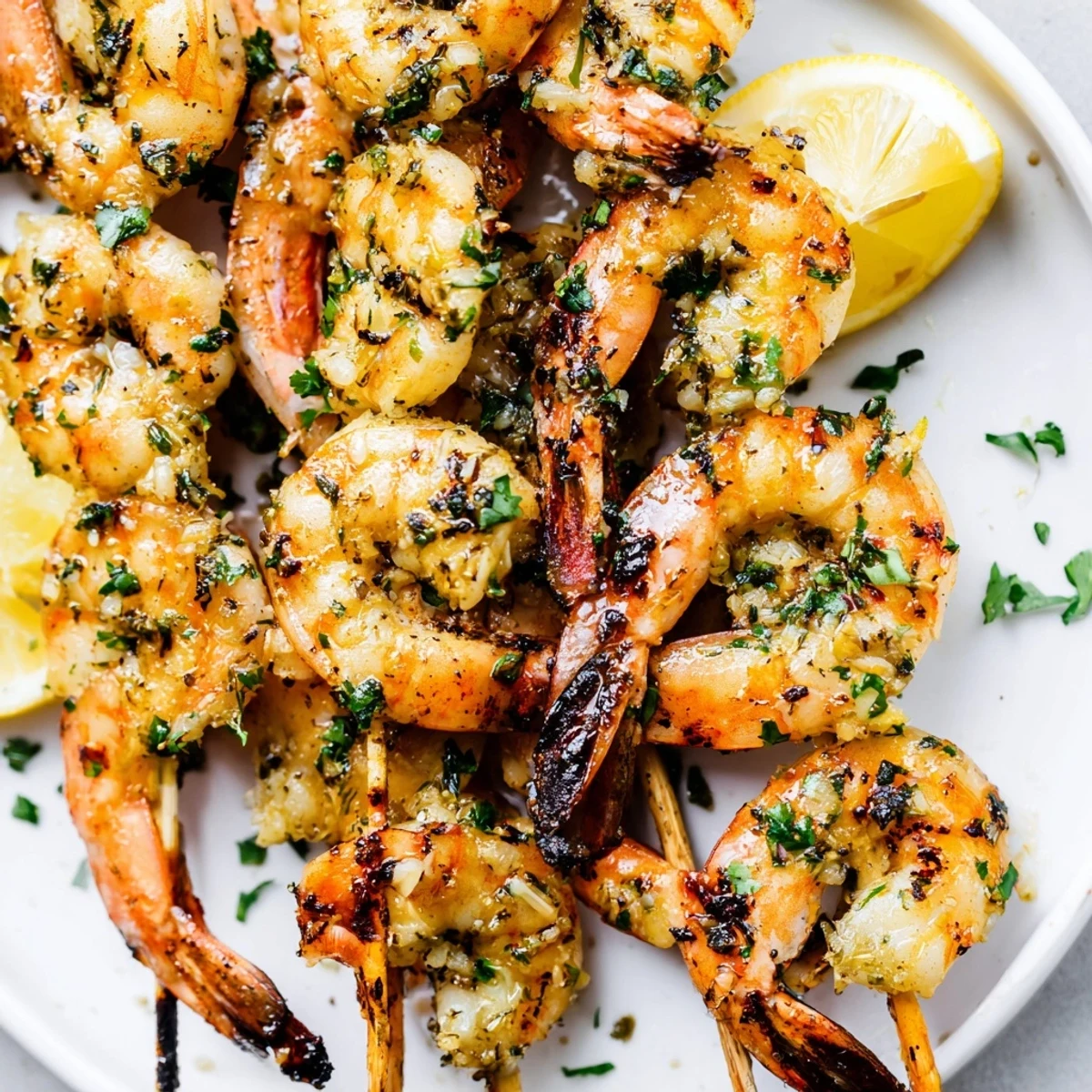 Freshly grilled Lemon Garlic Shrimp Skewers, plated and ready to serve, a light and healthy main course.