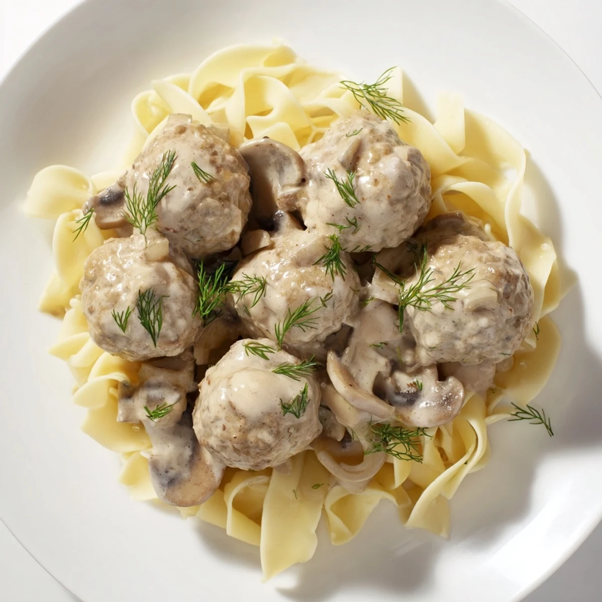 Steaming Turkey Meatball Stroganoff over egg noodles, a comforting bowl with a creamy mushroom sauce.